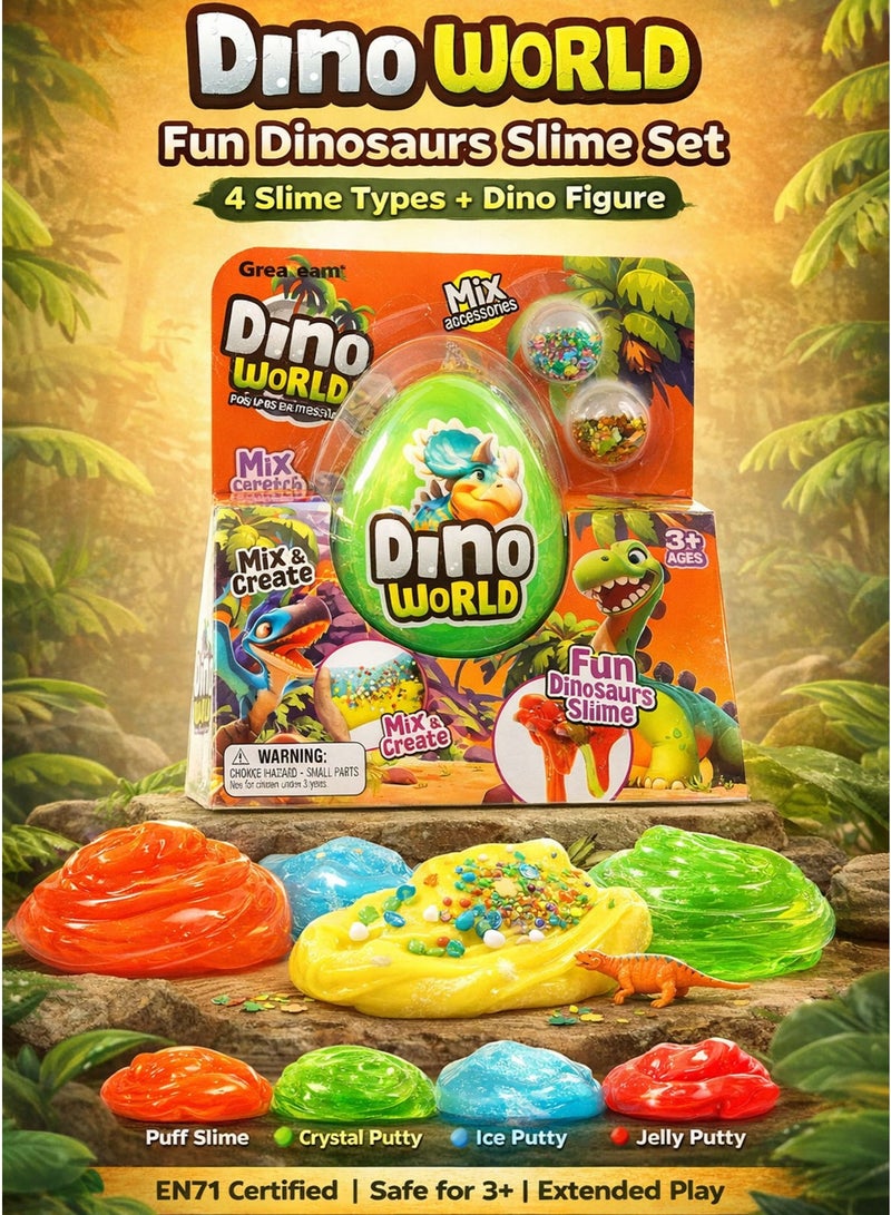 Greateam Dino World Fun Dinosaurs Slime Set for Kids 3+ Years 4 Texture DIY Slime Kit with 58-60G Yellow Puff Slime 43-45G Green Crystal Putty 43-45G Blue Ice Putty 43-45G Red Jelly Putty Mix & Create Sensory Stretchy Slime with Foam Beads Dino Shape Sequins Leaf Accessories & 1 Dinosaur Figure EN71 Certified Non-Toxic EU Toy Safety Standard Educational Learning Toy Gift for Boys & Girls Extended Play Blister Pack - Image 1
